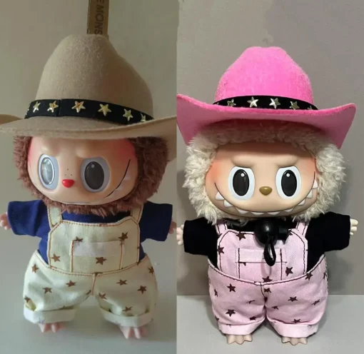 New 17cm Labubu Western Cowboy Series Baby Clothes Exciting Macaron Doll Only Clothes Kawaii Suspenders Casual Clothes