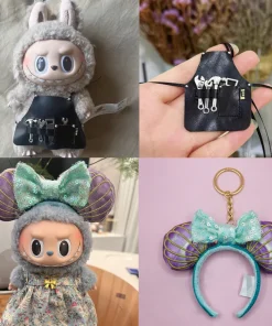 17cm Labubu Fashion Repair Tool Apron Cute Bow Sequin Headband Mini Skateboard Labubu Feather Angel Wings Doll Accessories Gift