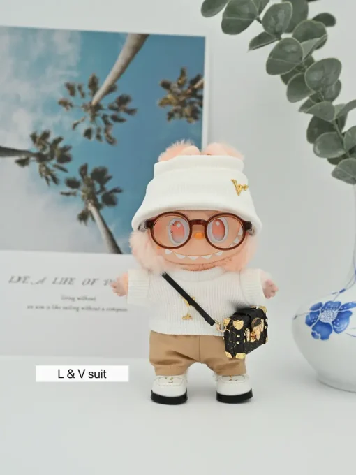 Labubu personalizado, conjunto de lujo hecho a mano, 17cm, conjuntos de primera y segunda generación, mini mochila, bonitos zapatos de muñeca, suéter tejido de marca