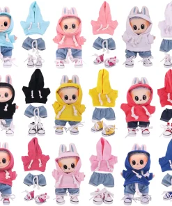 Plush Doll Clothes Outfit Accessories For 17cm Labubu Doll Clothes Solid Color Hoodie Jeans Shoes Set Clothing Gift,Girl's Toy