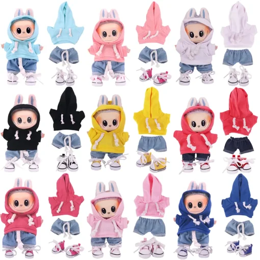 Plush Doll Clothes Outfit Accessories For 17cm Labubu Doll Clothes Solid Color Hoodie Jeans Shoes Set Clothing Gift,Girl's Toy