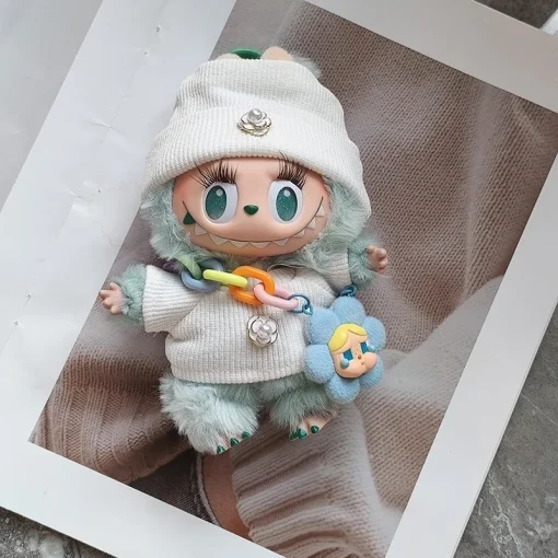 17cm Labubu V3 Fashion Camellia Set Cute Crying Baby Crossbody Bag Vinyl Doll Exquisite False Eyelash Mini Leather Shoes