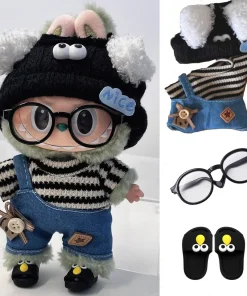 17cm Mini Doll'S Clothes Outfit Accessories For Korea Kpop Exo Labubu Idol V1 V2 Striped sweater overalls glasses hat Clothing