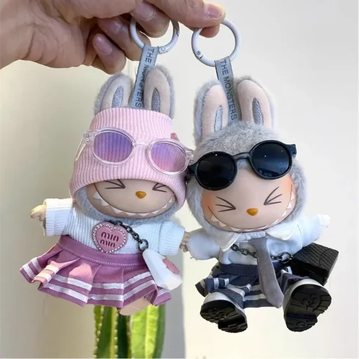 For Kpop -Inspired Women's Group Uniform Set Outfit Skirt and Sweater Colored Sunglasses 17cm Labubu Doll Clothes