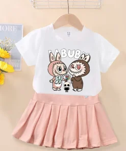 Cute Labubu Girl Skirts Tops 2pcs Kids Clothes Set Kawaii Print Baby T Shirt Pleated Skirt Suit Toddler Tee Short Dress Outfit