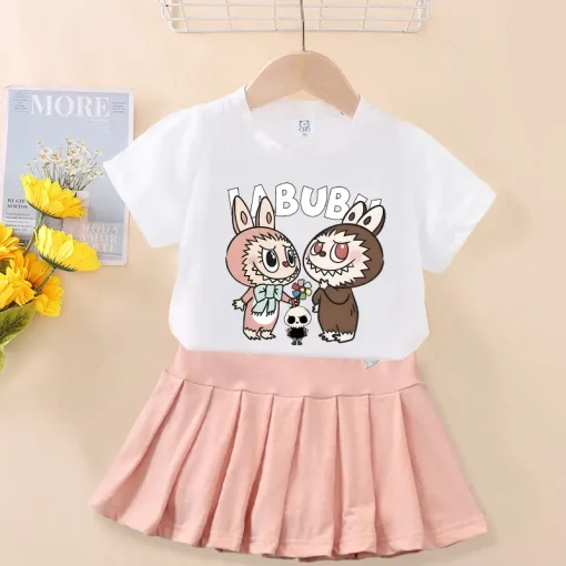 Cute Labubu Girl Skirts Tops 2pcs Kids Clothes Set Kawaii Print Baby T Shirt Pleated Skirt Suit Toddler Tee Short Dress Outfit
