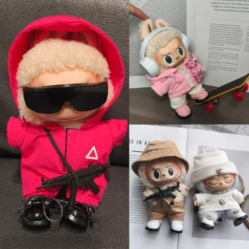 17cm Labubu Seafood Game Weapon Set Fashionable High End Printed Clothing Cute Hoodie Mini Earphones Skateboard Accessories