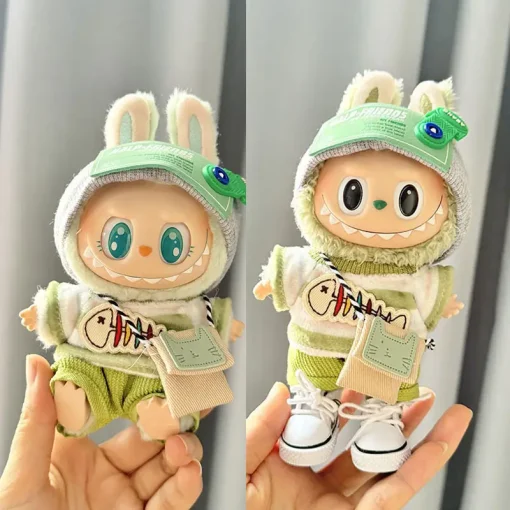 17cm Labubu I II Idol Dolls Clothes Green Outfit With Bag Accessories Korea Kpop Exo Clothing Plush Doll'S Clothes
