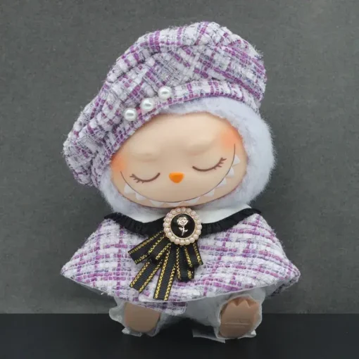 For 17cm Labubu Stylish Outfit Clothes Classic Grid style Dress Cloak Set With Beret Dolls Accessories Labubu Ropa