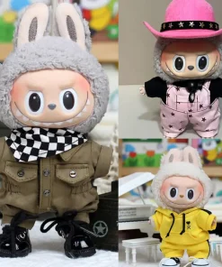 17cm Labubu Handsome Pilot Jumpsuit Dick Denim Style Hat Yellow Casual Hoodie Set Leather Shoes Sunglasses