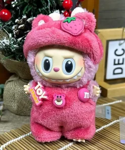 17cm Strawberry Bear Labubu sit Sit party clothes Labubu Heartbeat Macaron pendant clothes replacement Collectible Art