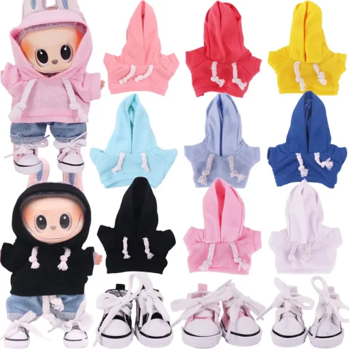 3Pcs=Hoodie+Jeans+Shoes For labubu 17cm Plush Doll Clothes Accessories Girl's Toys ,Christmas Festival Birthday Gift