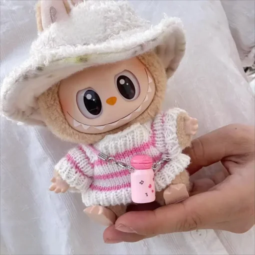 Mini Doll'S Clothes Outfit Accessories For Korea Labubu V1 V2 Idol sitting party pink and white striped sweater cup Clothing