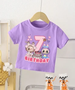 Labubu Number T Shirt Girl Birthday Clothes Short Sleeve Purple Tees Toddler Cartoon Print Cotton T-shirts Summer Cute Kids Tops