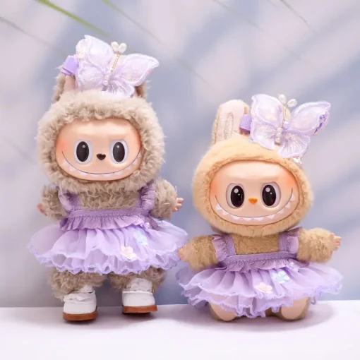 Doll Clothes For 15/17cm Labubu Flower Purple Gauze Skirt Butterfly Headwear 2PCS/Pack Plush Cotton Idol Doll Universal Dress