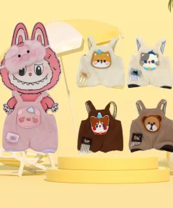 Ropa de muñeca de peluche de 15CM para accesorios de atuendo Labubu, bonito y divertido patrón de oso/gato, conjunto de 5 piezas, pantalón con tirantes, vestir muñecas