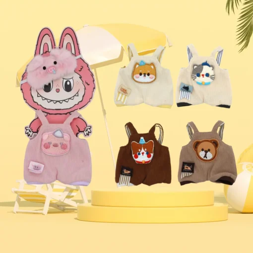 Ropa de muñeca de peluche de 15CM para accesorios de atuendo Labubu, bonito y divertido patrón de oso/gato, conjunto de 5 piezas, pantalón con tirantes, vestir muñecas