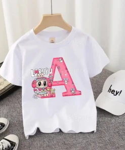 Labubu Melody Kids T-shirt Cute Letters A-Z Anime Print Cotton Girl Summer Tees Short Sleeve Y2K Trend Streetwear Kawaii Clothes