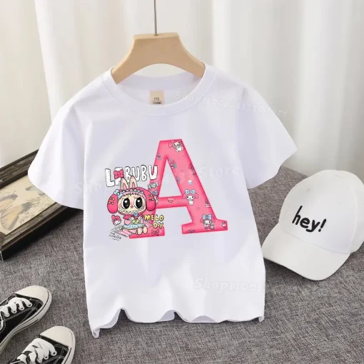 Labubu Melody Kids T-shirt Cute Letters A-Z Anime Print Cotton Girl Summer Tees Short Sleeve Y2K Trend Streetwear Kawaii Clothes