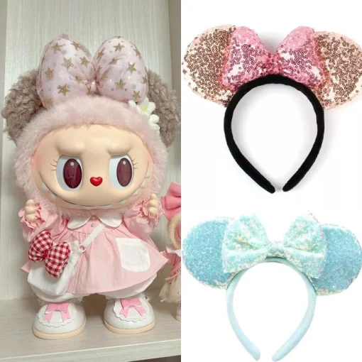 38cm Labubu Fashion Sequin Bow Headband Exquisite Doll Accessories Plush Bow Headband Surprise Gift