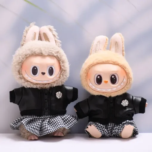 Labubu Doll Clothes Black Jacket Coat Chitiao Grid Skirt Set 17cm Plush Doll Clothes Labubu I II Idol Doll Sitting Party