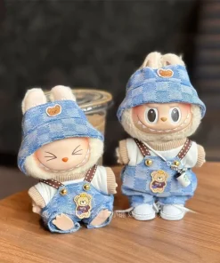 New Cute First Second And Third Generation For 17cm Labubu Clothes Doll Clothes Blue Overalls Pants Hats Sets Replacement Outfit