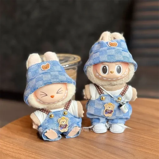 New Cute First Second And Third Generation For 17cm Labubu Clothes Doll Clothes Blue Overalls Pants Hats Sets Replacement Outfit