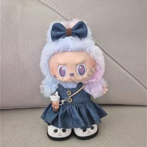 Mini Doll'S Clothes Outfit Accessories For 15-17cm Ropa Labubu V1 V2 V3 Red buckle denim strap suspender skirt set Clothing Gift