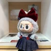 Labubu Princess Ensemble - Red Bow Headband + Denim Suspenders Dress for 17cm Dolls