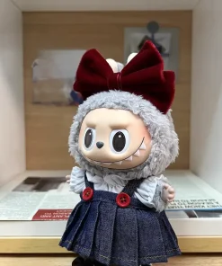 Labubu Princess Ensemble - Red Bow Headband + Denim Suspenders Dress for 17cm Dolls