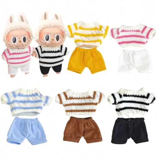 Mini Doll'S Clothes Outfit Accessories For 15-17cm Ropa Labubu V1 V2 10cm cotton doll Striped sweater Shorts Clothing