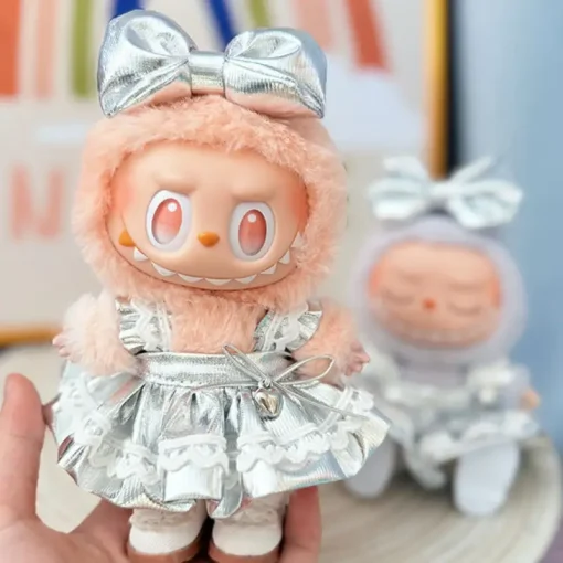 Doll Clothes For 15/17cm Labubu Silver Moonlight Skirt Bow Tie Headwear Sets 2PCS/Pack Plush Cotton Doll Dress Decoration Gift