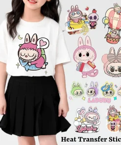 Labubu Iron on Patches Girls Cartoon Cute T-shirt Decal Decor Anime Heat Transfer Sticker Clothes Appliques DIY Stickers Gifts