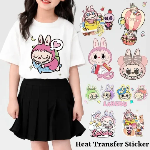 Labubu Iron on Patches Girls Cartoon Cute T-shirt Decal Decor Anime Heat Transfer Sticker Clothes Appliques DIY Stickers Gifts