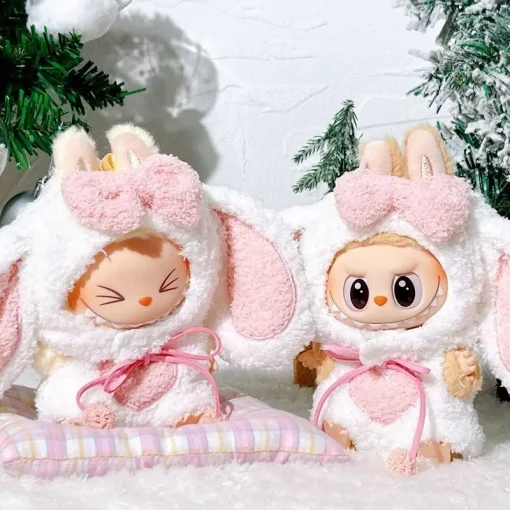Mini Doll'S Clothes Outfit Accessories For 15-17cm Labubu Idol V1 V2 big-eared White Pink Rabbit Overalls Clothing Gift