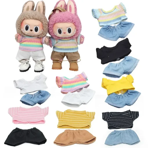 For 17cm Labubu Idol Dolls Leisure Doll Clothes Outfit Accessories for Labubu 10cm Cotoon Doll T-shirt Denim Shorts Set Clothing
