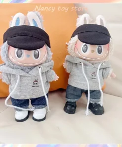17cm Labubu Grey Hoodie Suit Casual Style Series Cute Mini Plush Idol Dolls Jumpsuit Clothing Overalls No Doll Accessories