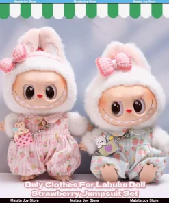 Only Clothes For Labubu Doll Clothing Sitting Party Strawberry Jumpsuit Set Bow Pink Blue Cute Baby Doll Fashionable Soft Fabric