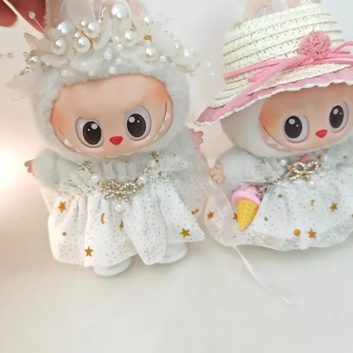 Labubu Clothes For 15-17CM Mini Plush Doll Princess Gauze Dress Blingbling Star Skirt Nacklace Headwear Straw Hat 3PCS/Pack Gift