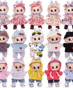 Pop doll clothes hoodie floral dress sweater jeans hat for 17cm labubu doll outfit clothes accessories, girl's toys clothing gif