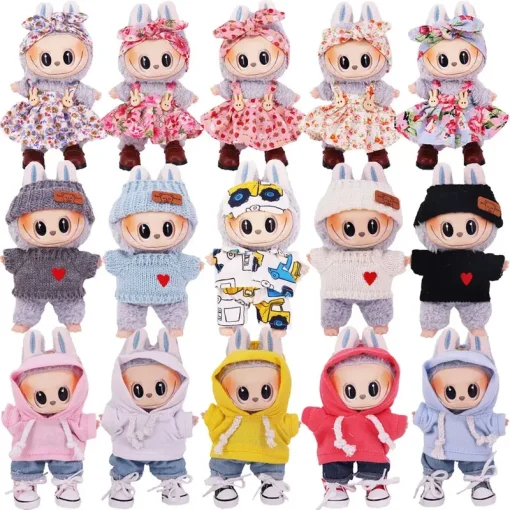 Pop doll clothes hoodie floral dress sweater jeans hat for 17cm labubu doll outfit clothes accessories, girl's toys clothing gif