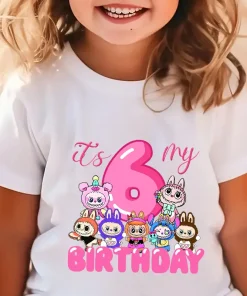 Cute Labubu Girl Birthday Clothes Short Sleeve Toddler Number Tee Forest Elf Cartoon Children Cotton T Shirt Summer Kids Tops