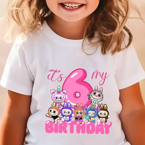 Cute Labubu Girl Birthday Clothes Short Sleeve Toddler Number Tee Forest Elf Cartoon Children Cotton T Shirt Summer Kids Tops