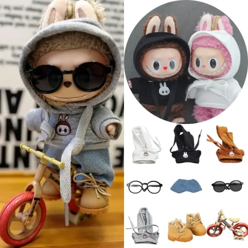 Labubu 3.0 Doll 15/17cm Cycling Print Hoodie with Jeans Set Outfit Accessories for Ropa Labubu