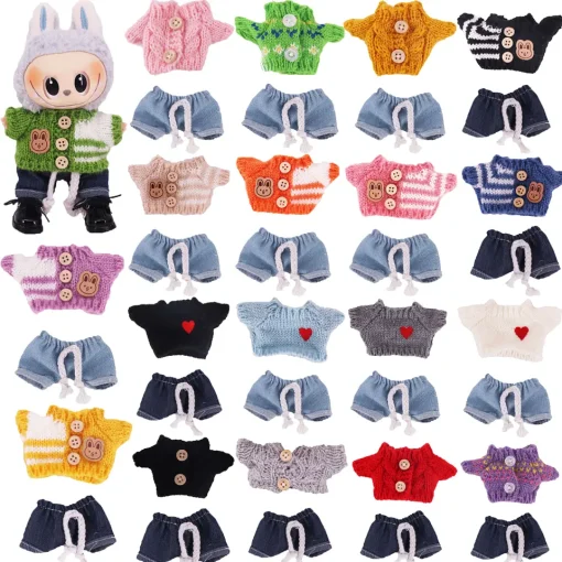 15-17CM Labubu Original Doll Clothes Fashion Buckle,Sweaters+Jeans Little Cloth&Labubu Accessories Outfits,Mini Plush Doll Suits