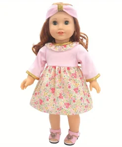 1 set of long-sleeved floral dress with gold trim doll clothes for 18-inch (45.7cm) doll girls. Suitable for American dolls