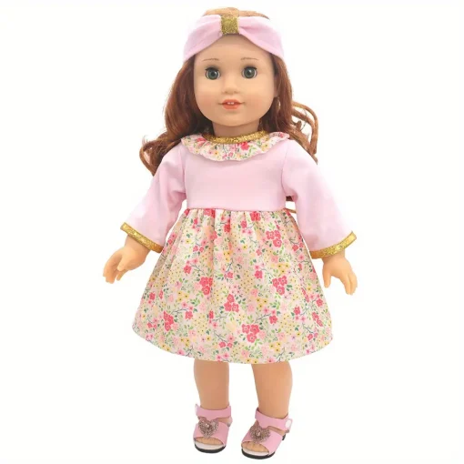 1 set of long-sleeved floral dress with gold trim doll clothes for 18-inch (45.7cm) doll girls. Suitable for American dolls