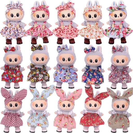 For 15-17cm Labubu Doll Clothes Dress Cute Floral Print Spaghetti Strap Dress Plush Stuffed Labubu Doll Accessories Girl's Toys