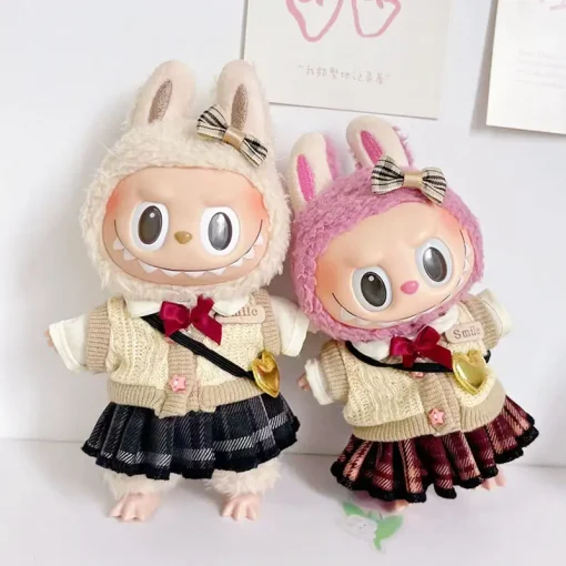 17cm Labubu JK 스커트 세트 장난감 펜던트 인형 옷 키 체인 인형 귀여운 가방 신발 DIY 학생 복장 선물