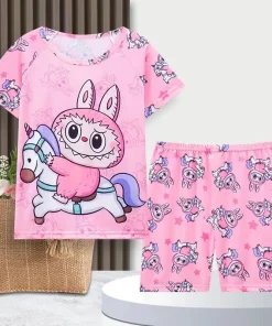 Labubu Summer Pajamas Kids Thin Homewear T Shirt with Shorts Two Piece Set Labubus Monsters Kids Sleepwear Clothes Holiday Gifts